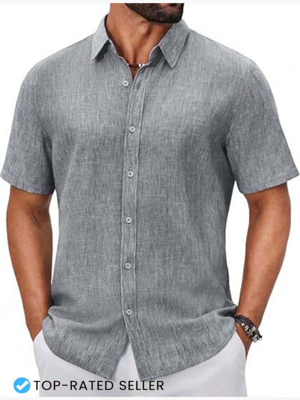 Men's Button Down Short Sleeve Casual Summer Beach Linen Textured Shirt